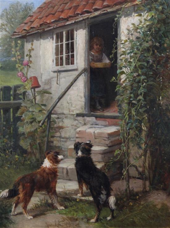 James Cole (fl.1856-1885) Feeding time with sheepdogs waiting at a cottage door 18 x 14in.